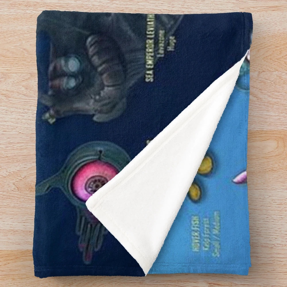 Subnautica-inspired plush blanket featuring ocean creatures and sci-fi elements