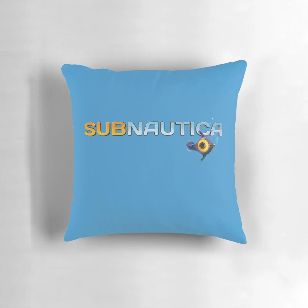 Subnautica logo printed on a soft, plush throw pillow for sci-fi gaming and underwater-themed home decor.
