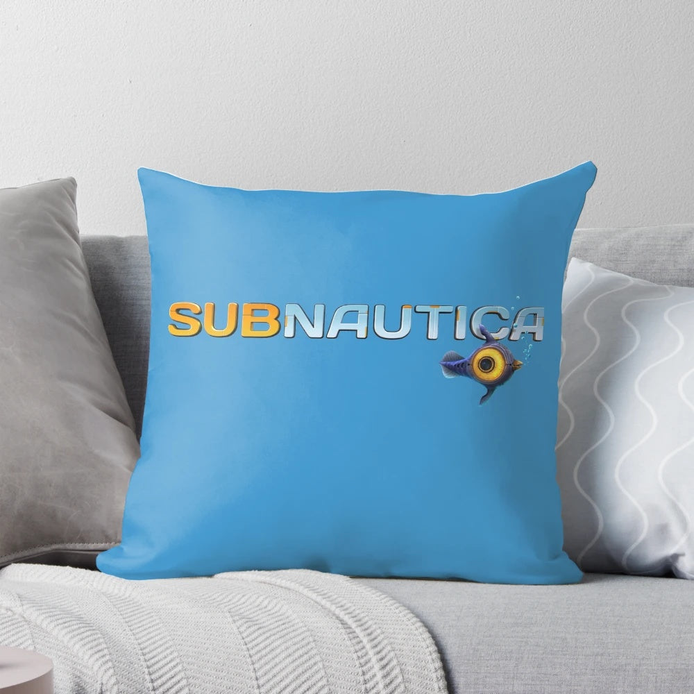 Subnautica logo printed on a soft, plush throw pillow for sci-fi gaming and underwater-themed home decor.