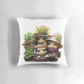 A decorative pillow featuring illustrated succulent friends wearing small flower hats.