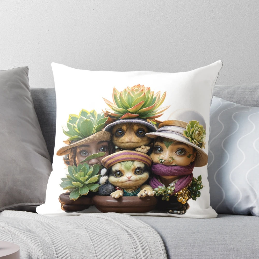 A decorative pillow featuring illustrated succulent friends wearing small flower hats.