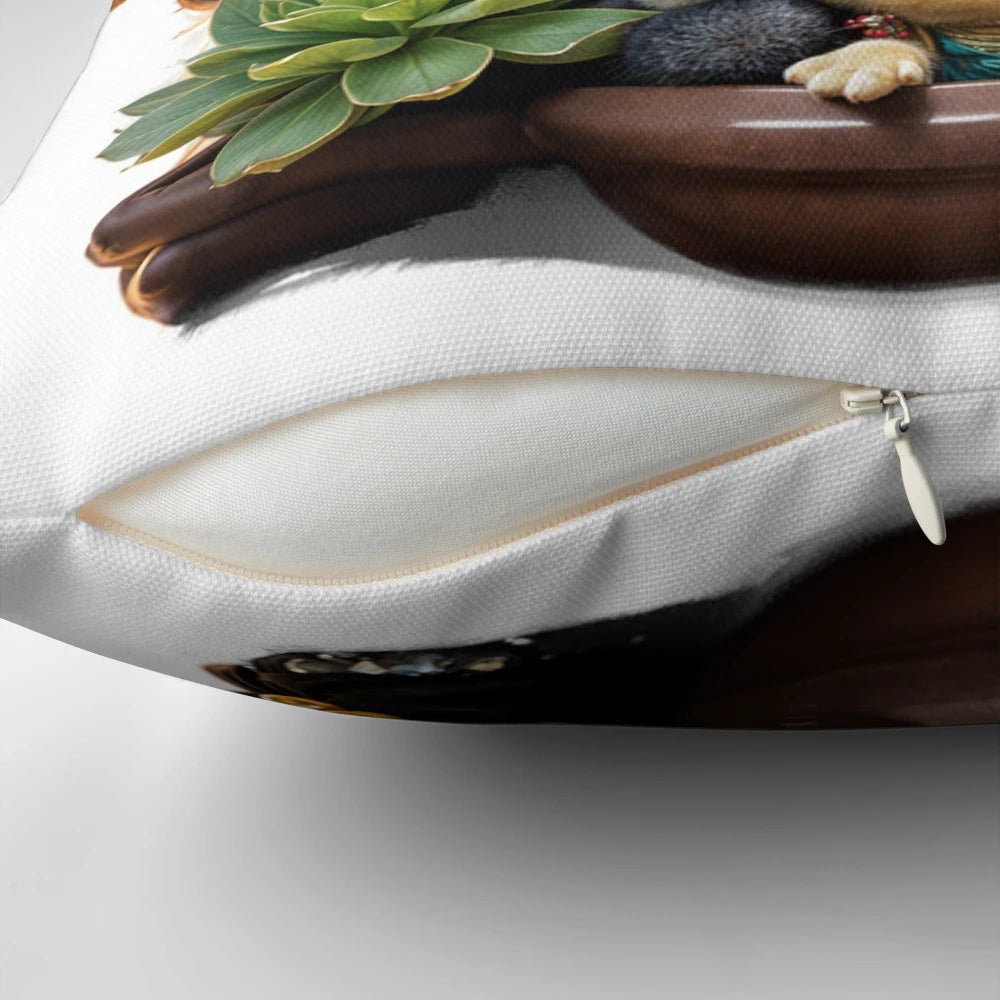 A decorative pillow featuring illustrated succulent friends wearing small flower hats.