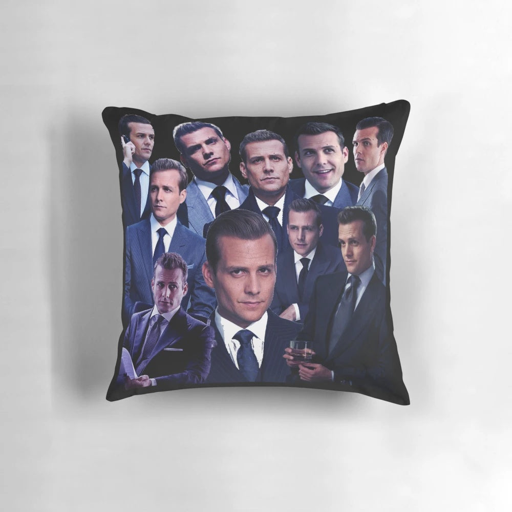 A collage pillow design featuring iconic suits and styles from the character Harvey Specter.