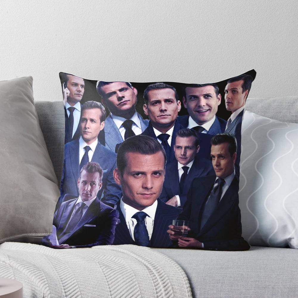 A collage pillow design featuring iconic suits and styles from the character Harvey Specter.