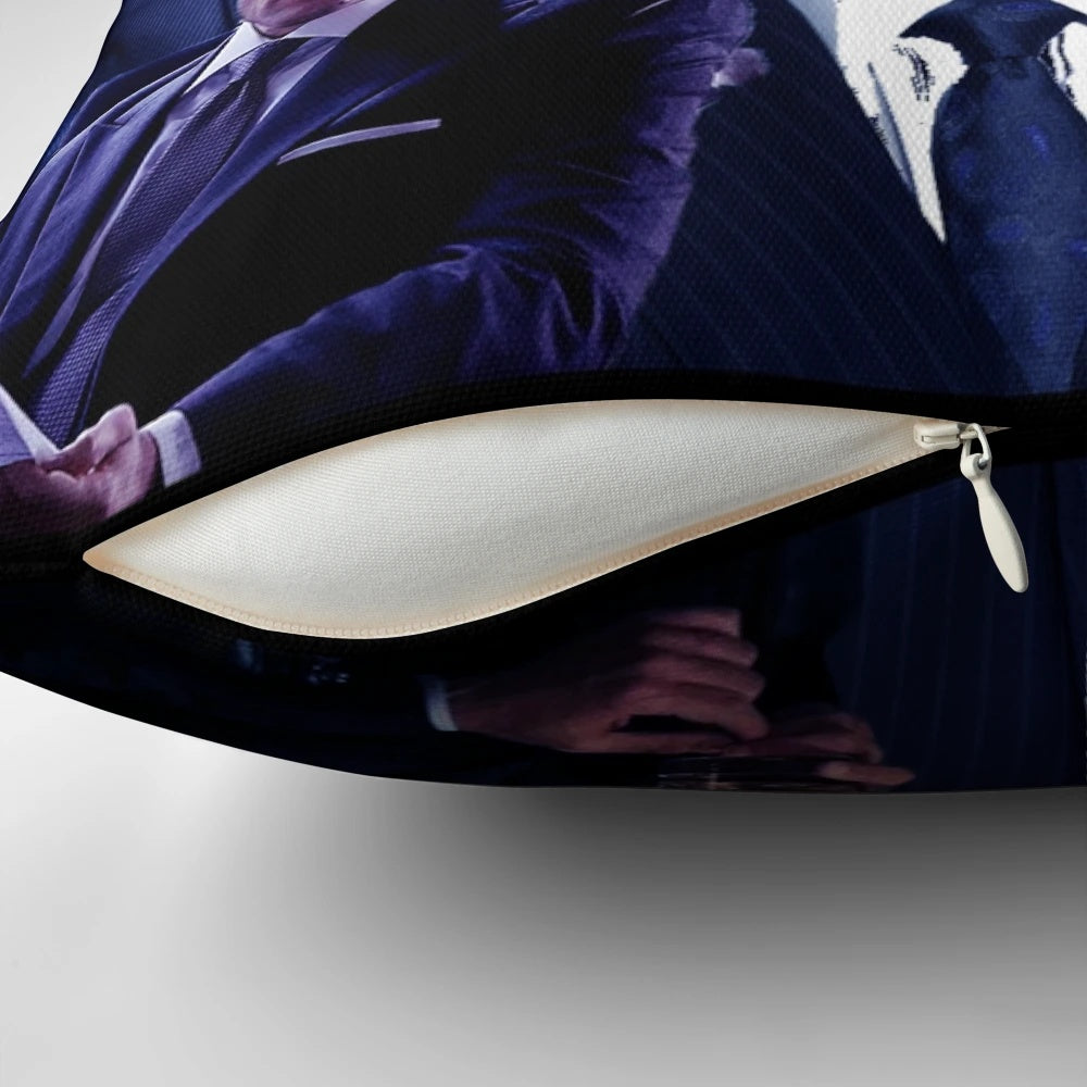 A collage pillow design featuring iconic suits and styles from the character Harvey Specter.