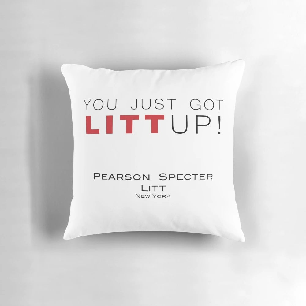 Suits "LITT UP!" Decorative Pillow with Pearson Specter Litt Law Firm Logo