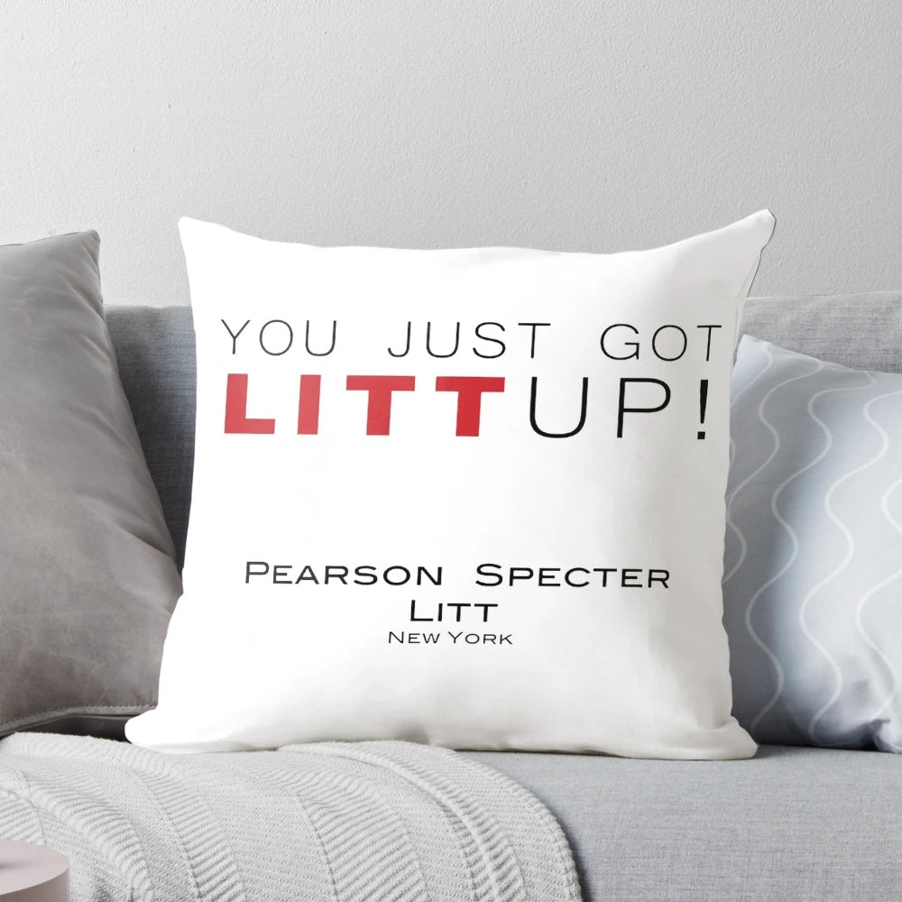 Suits "LITT UP!" Decorative Pillow with Pearson Specter Litt Law Firm Logo