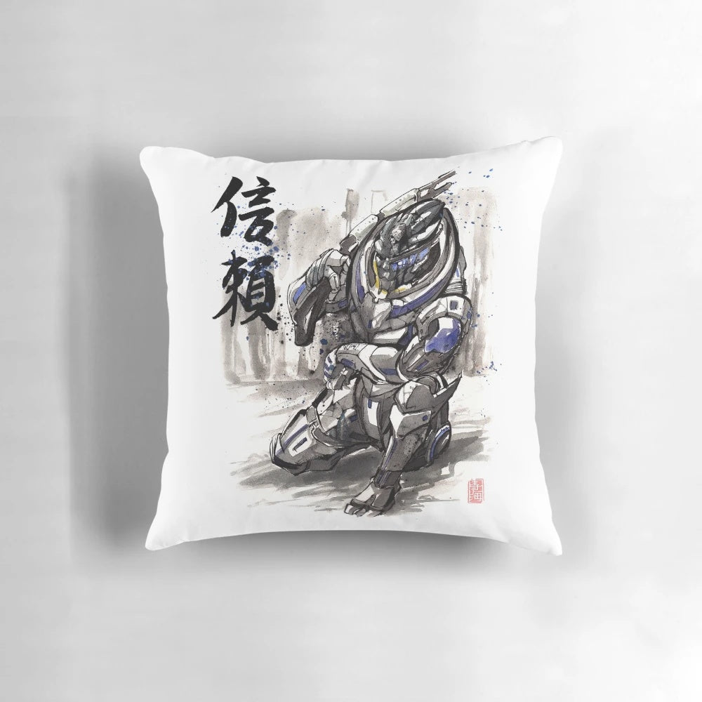 Mass Effect Garrus Vakarian Sumie-style pillow with Japanese calligraphy