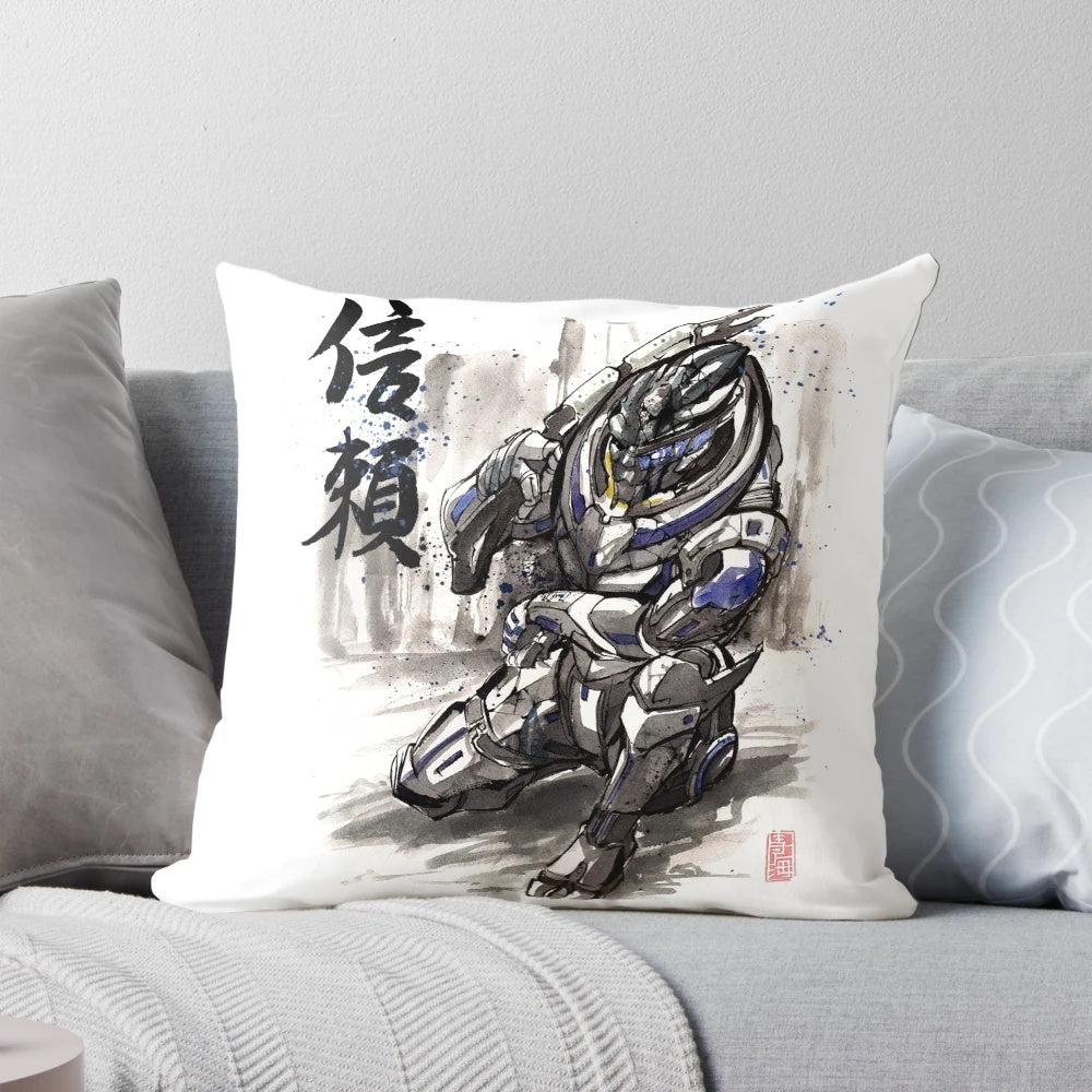 Mass Effect Garrus Vakarian Sumie-style pillow with Japanese calligraphy