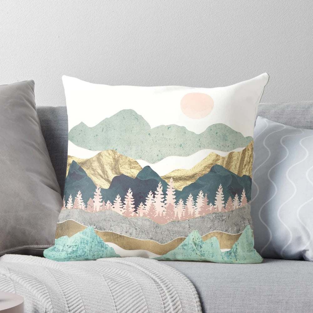 Summer Vista decorative pillow with abstract landscape design in nature-inspired colors