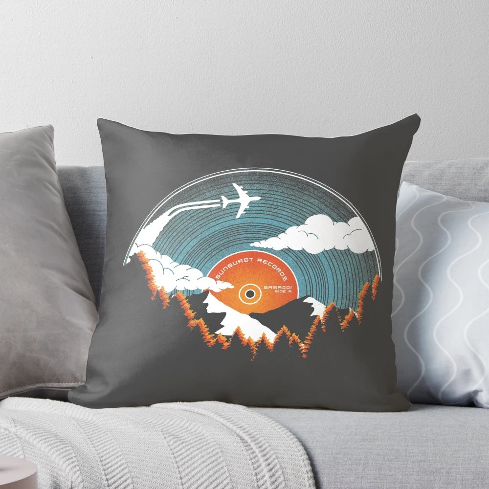 Sunburst Records Redux Pillow featuring a nature-inspired landscape design with trees, mountains, and sky