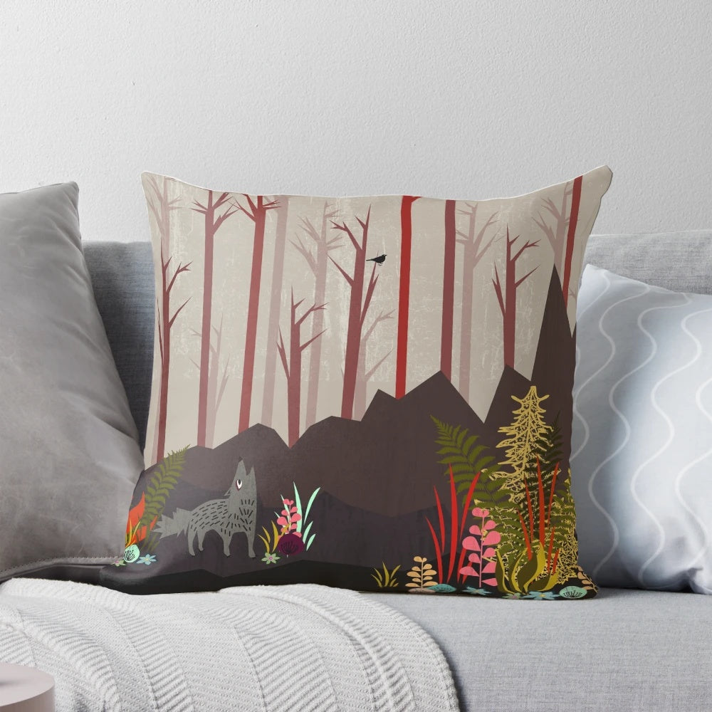 Sundance decorative pillow featuring an autumn nature landscape with a wolf, flowers, and trees in orange, brown, and green colors.