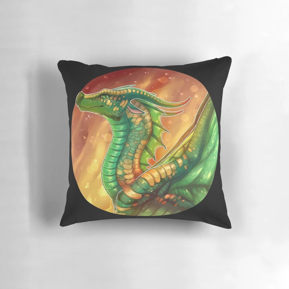 A plush pillow featuring the Sundew leafwing dragon from the bestselling Wings of Fire book series by Scholastic.