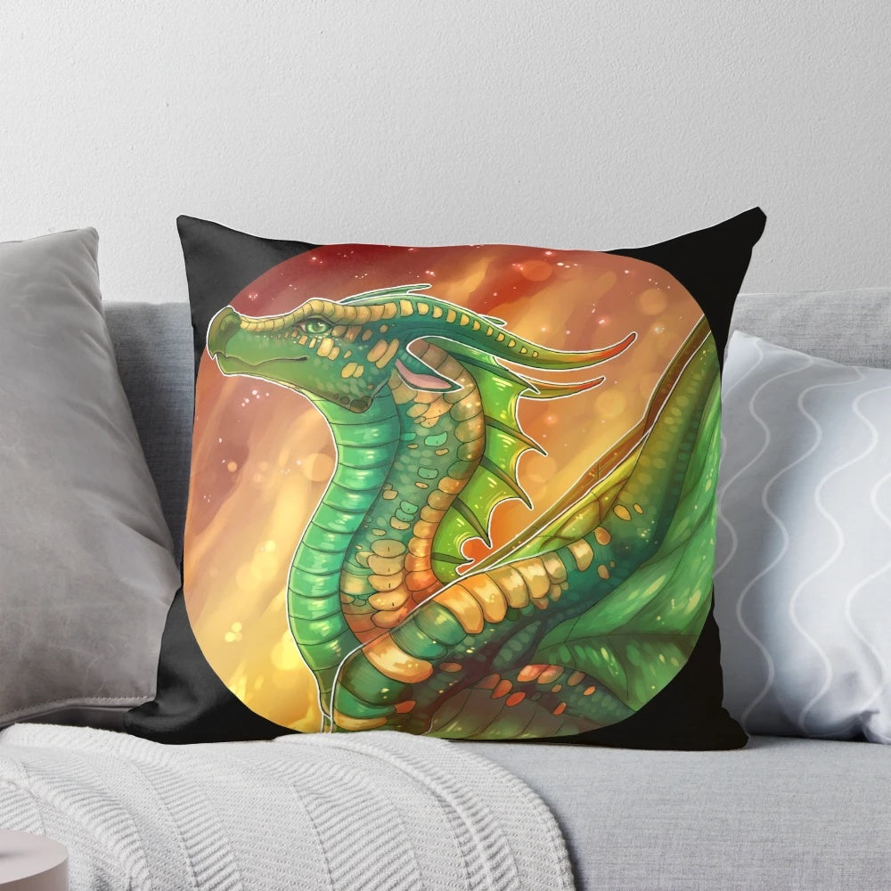 A plush pillow featuring the Sundew leafwing dragon from the bestselling Wings of Fire book series by Scholastic.
