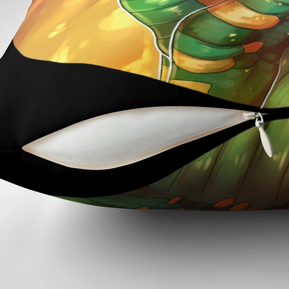A plush pillow featuring the Sundew leafwing dragon from the bestselling Wings of Fire book series by Scholastic.