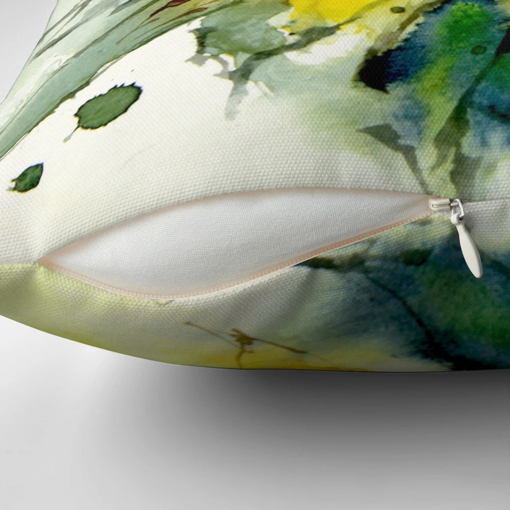 A vibrant sunflower throw pillow featuring a watercolor-style design of yellow flowers and green leaves.