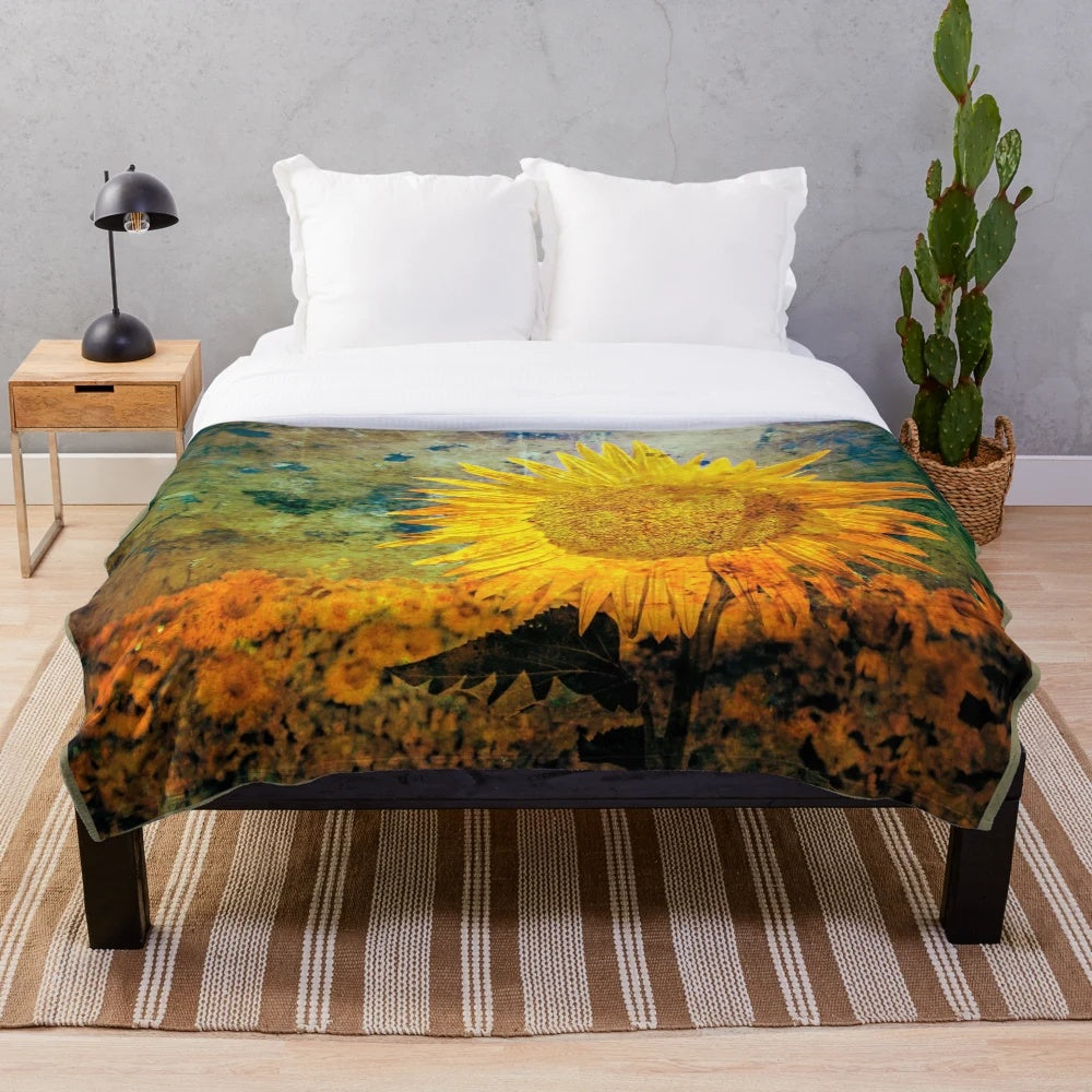 Distressed sunflower plush blanket with textured grunge floral pattern