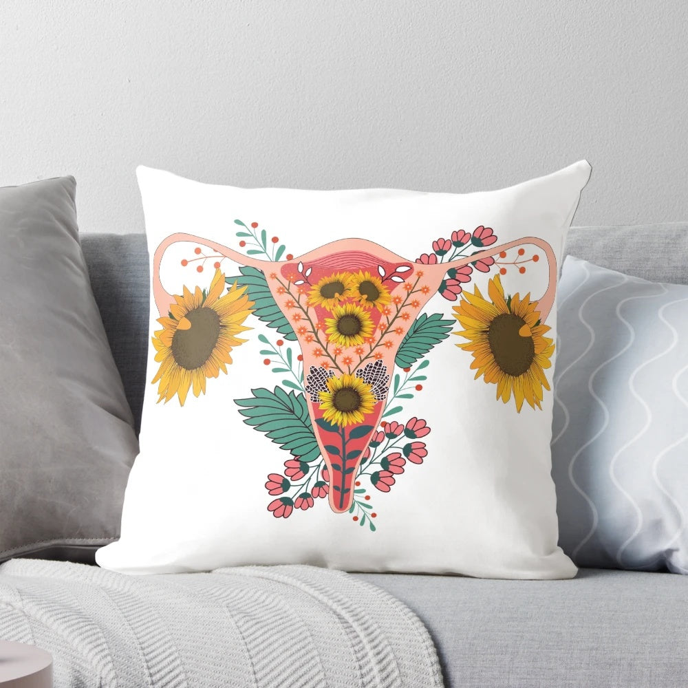 Colorful sunflower-shaped pillow with a uterus design, representing women's health and menstrual pride.