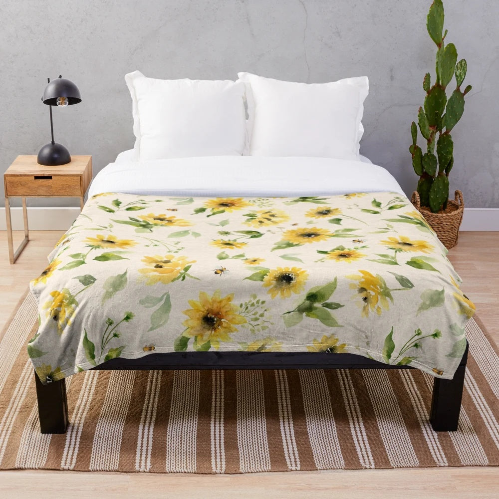 Sunflowers and bees floral plush blanket