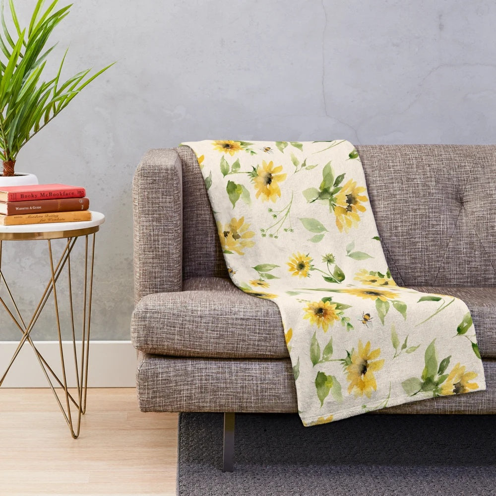 Sunflowers and bees floral plush blanket