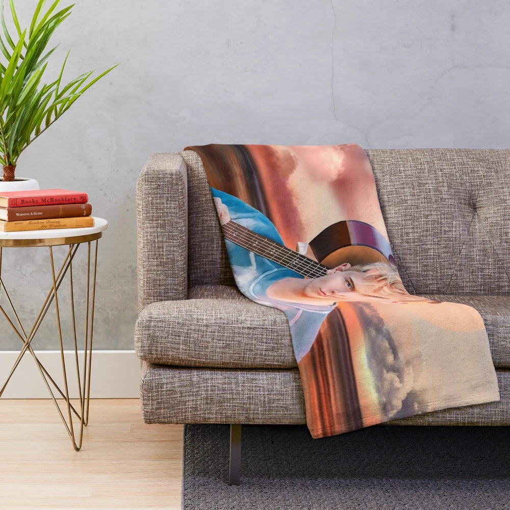 Sunset adventure plush blanket with guitar and landscape design