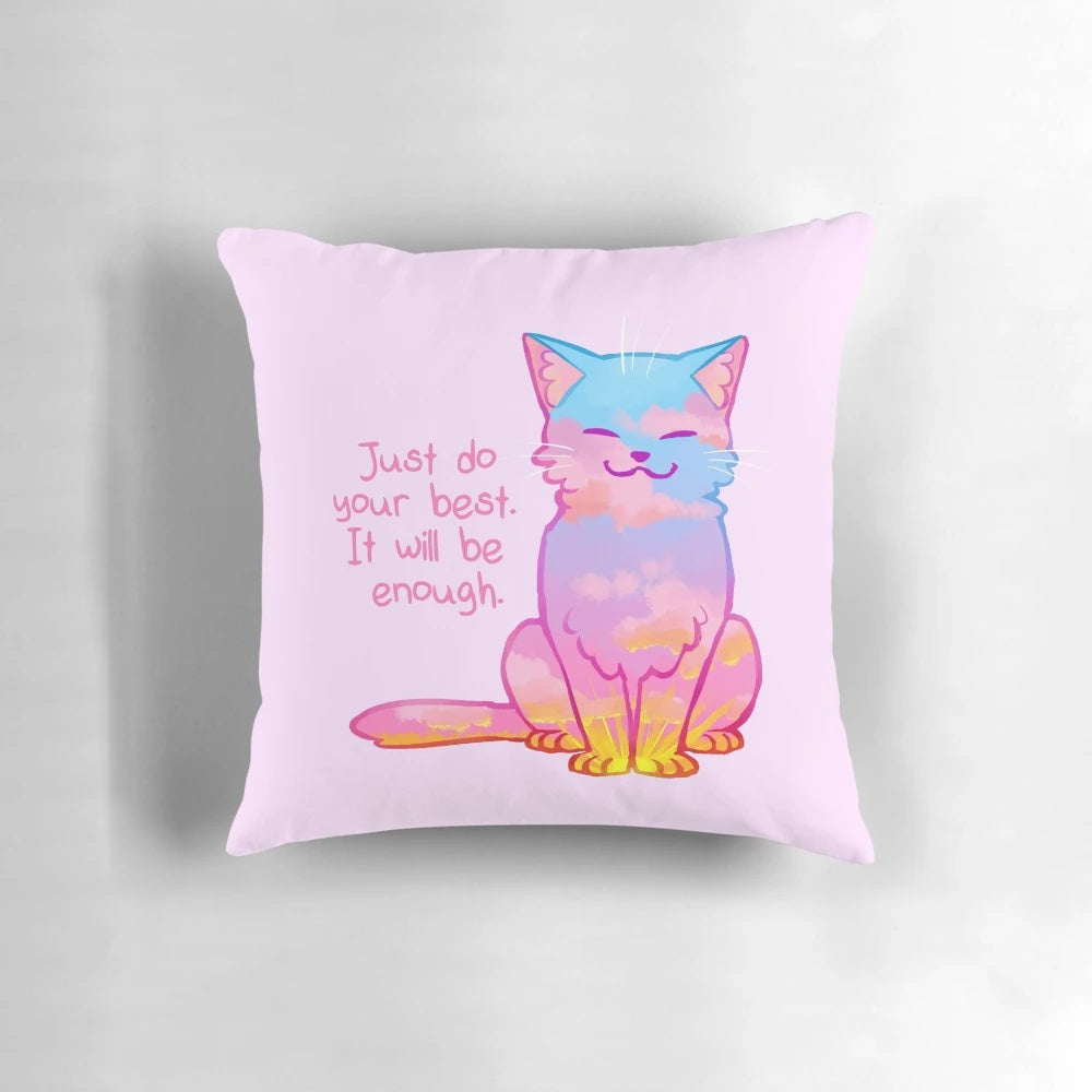 Cozy sunset-themed cat pillow with positive affirmation message