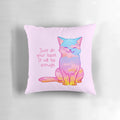 Cozy sunset-themed cat pillow with positive affirmation message
