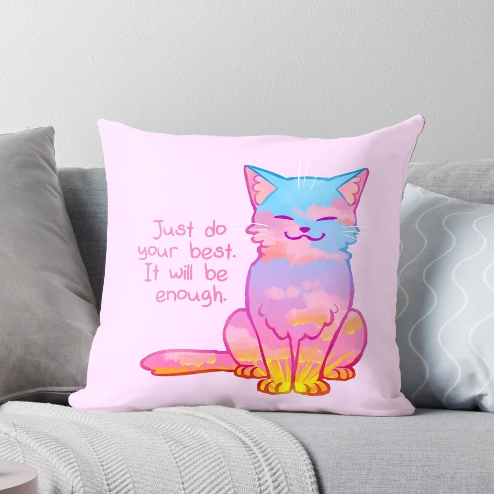 Cozy sunset-themed cat pillow with positive affirmation message