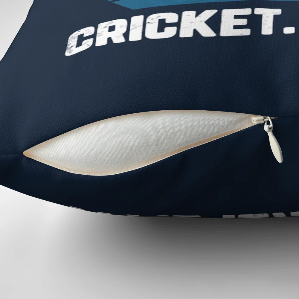 White text pillow with "Eat Sleep Cricket Repeat" design and sunset background