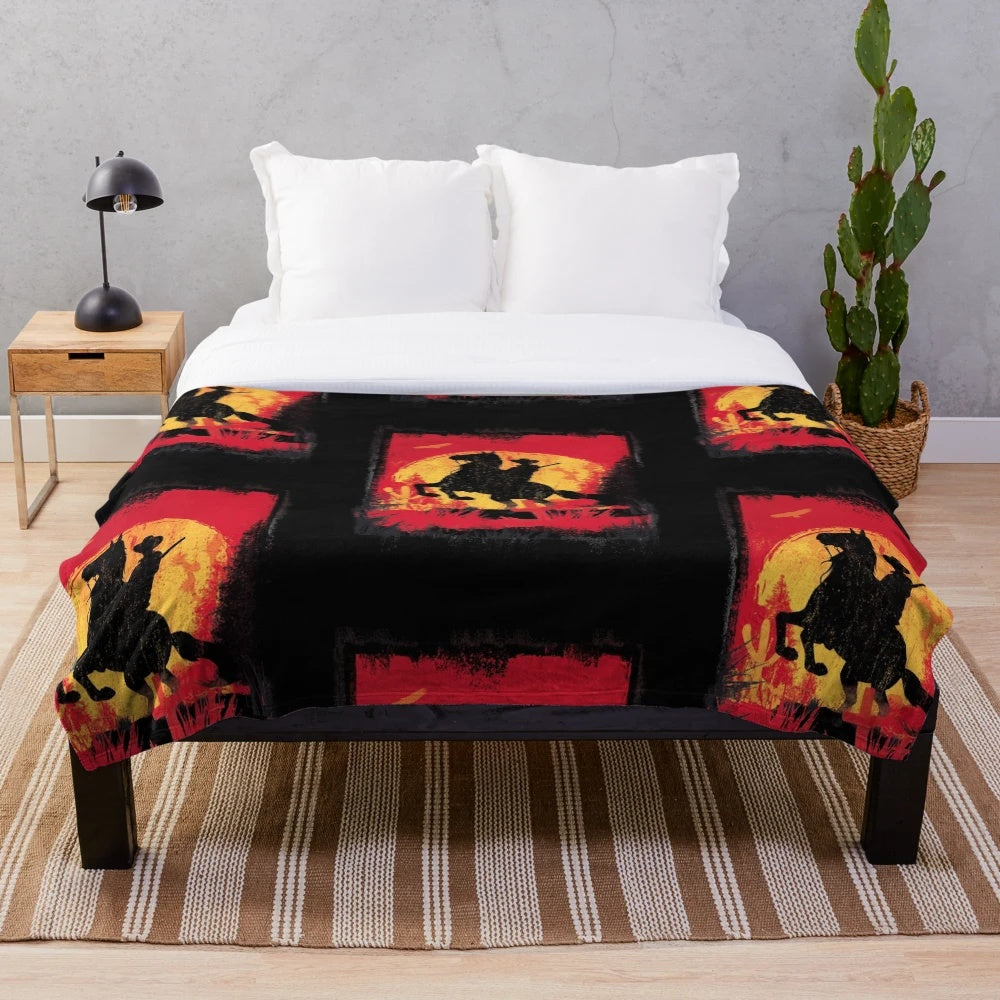 Red Dead Redemption-inspired plush blanket with a sunset design