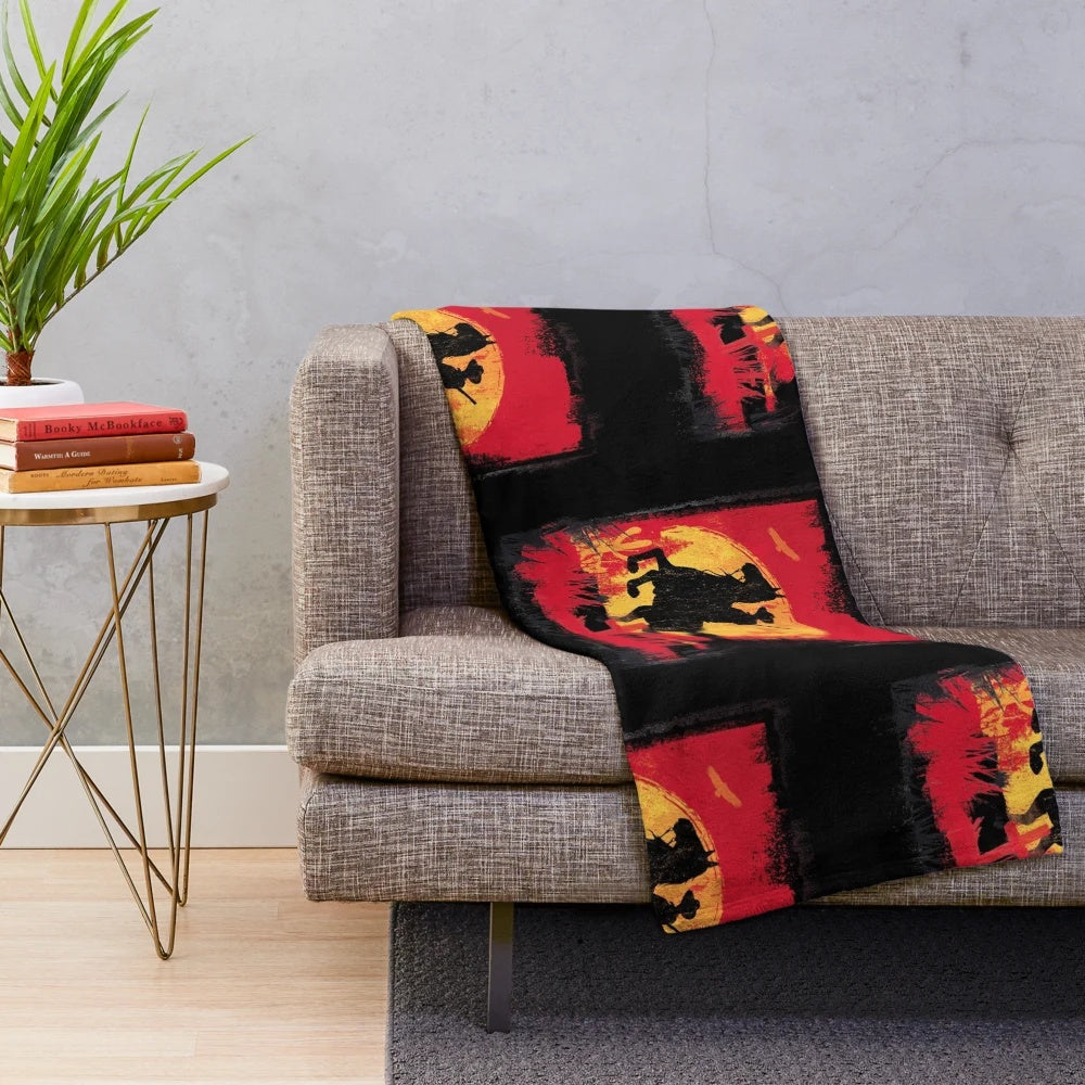 Red Dead Redemption-inspired plush blanket with a sunset design