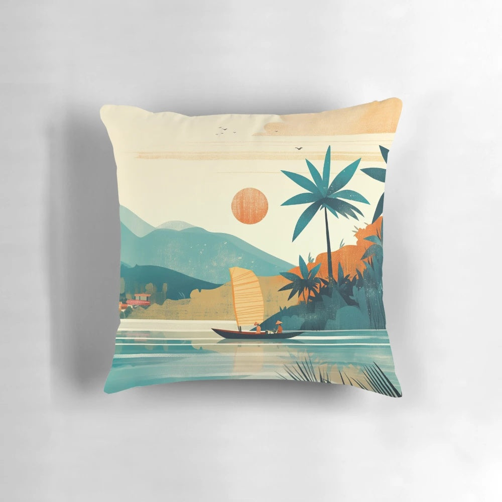 Minimalist travel art pillow featuring a serene sunset landscape over the water in Vietnam, with hills, boats, and a muted color palette.