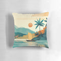 Minimalist travel art pillow featuring a serene sunset landscape over the water in Vietnam, with hills, boats, and a muted color palette.