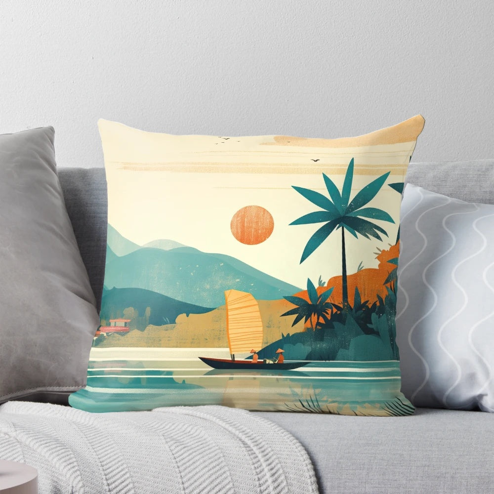 Minimalist travel art pillow featuring a serene sunset landscape over the water in Vietnam, with hills, boats, and a muted color palette.