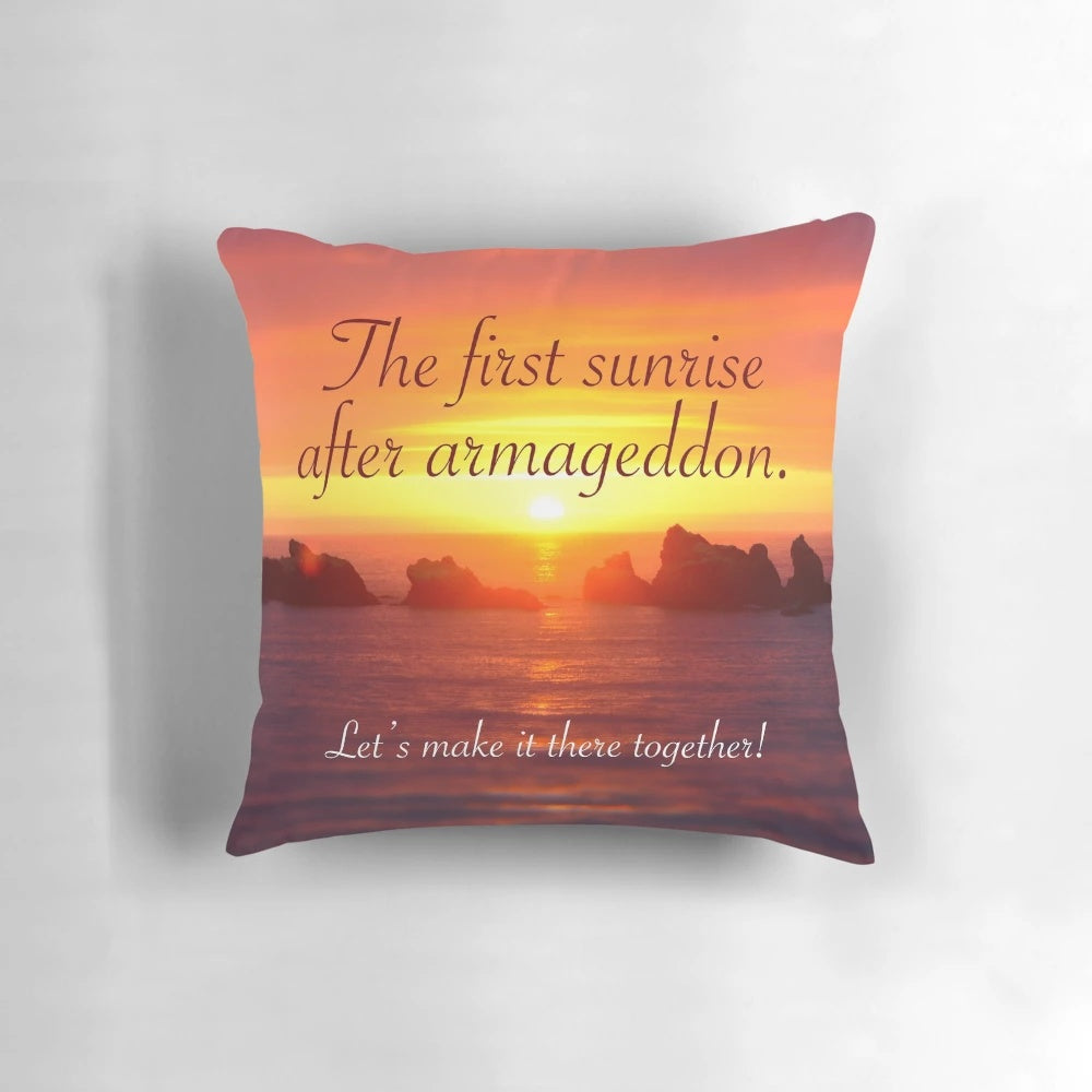 Sunset-colored pillow with "First Sunset in After Armageddon" design, perfect for JW convention souvenirs and gifts.