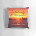 Sunset-colored pillow with "First Sunset in After Armageddon" design, perfect for JW convention souvenirs and gifts.