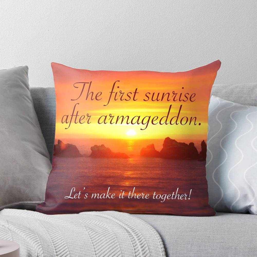 Sunset-colored pillow with "First Sunset in After Armageddon" design, perfect for JW convention souvenirs and gifts.