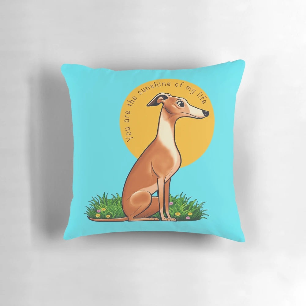 Soft, cozy pillow featuring a whimsical whippet or greyhound design, capturing the joy and warmth of sunshine.