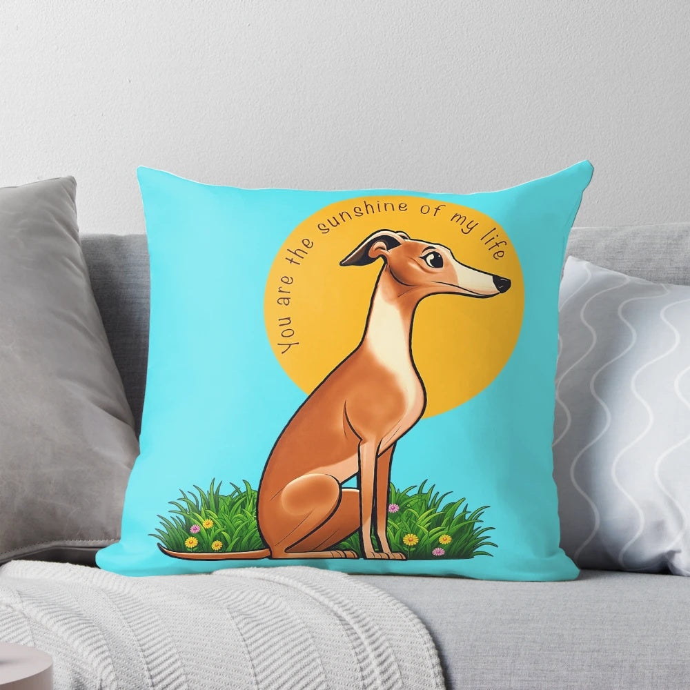 Soft, cozy pillow featuring a whimsical whippet or greyhound design, capturing the joy and warmth of sunshine.