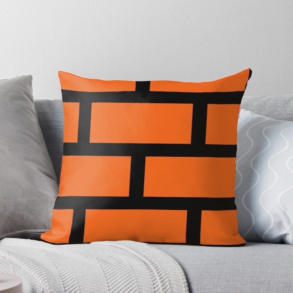 A cozy pillow featuring a retro-style brick block design, perfect for Super Mario fans.