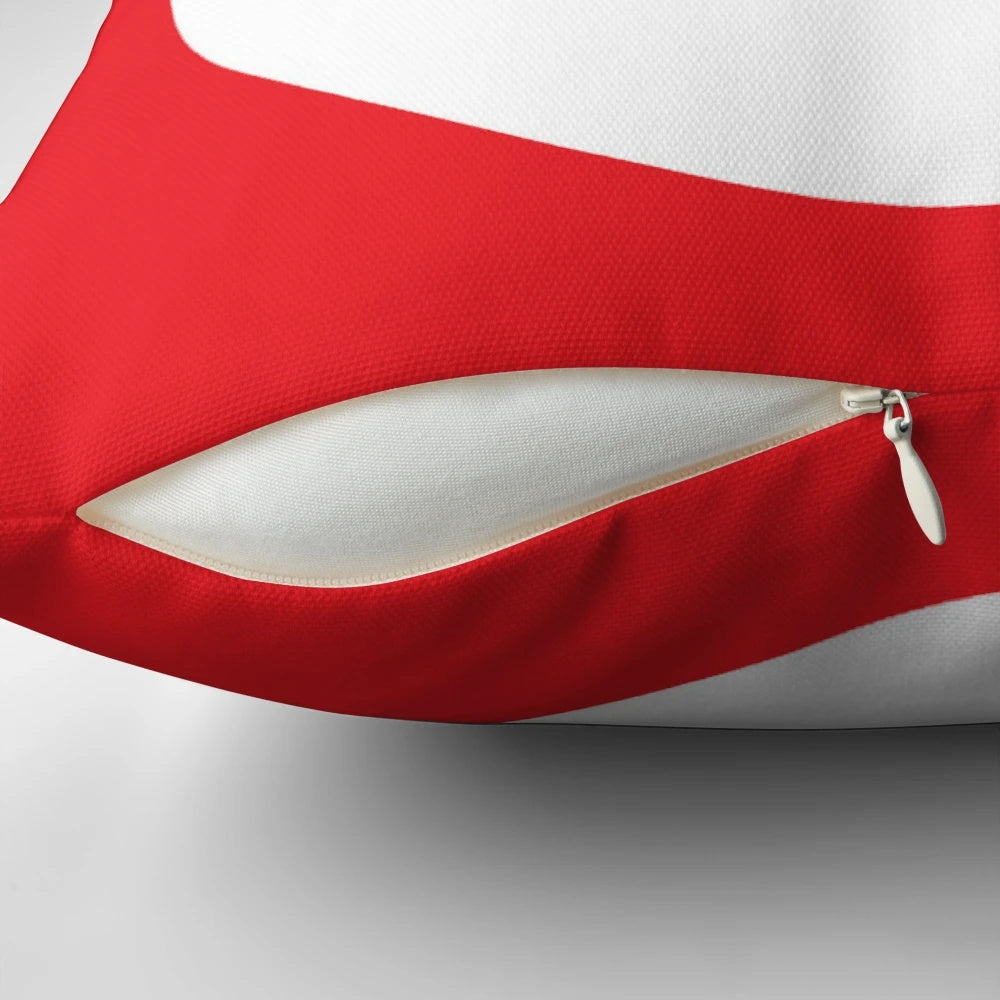 A plush pillow featuring the iconic "M" symbol from the Super Mario video game series, perfect for Halloween decorations or costuming.