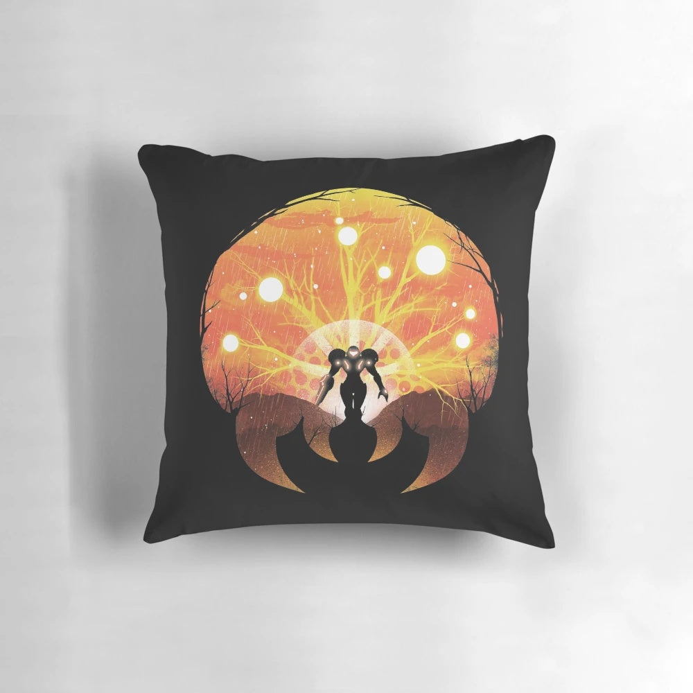 Super Metroid video game themed pillow featuring iconic characters and imagery