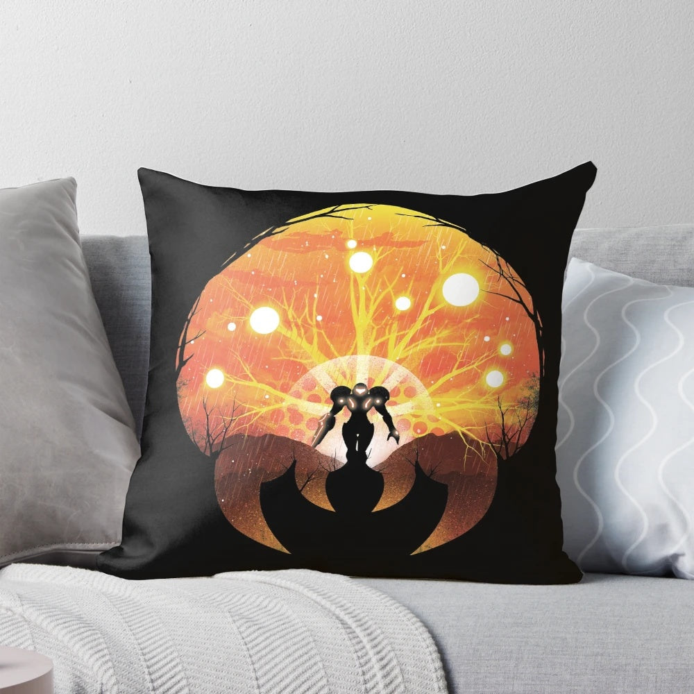 Super Metroid video game themed pillow featuring iconic characters and imagery