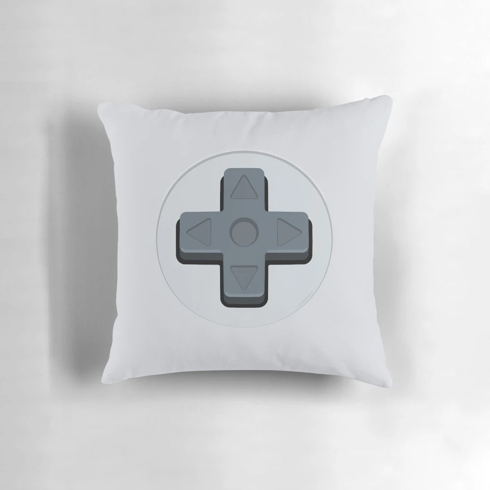 A soft, plush pillow in the shape of a classic video game controller d-pad.