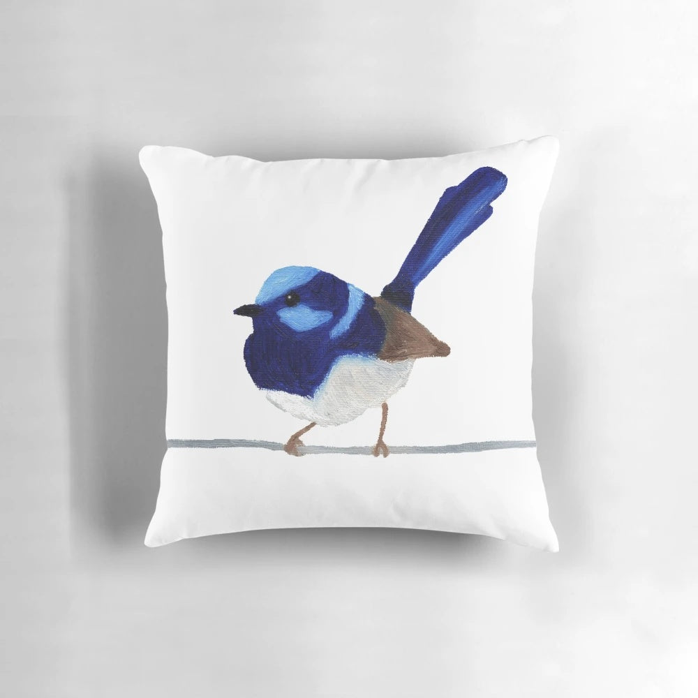 Pillow featuring a colorful oil painting of a Superb Blue Wren, a beautiful Australian bird.