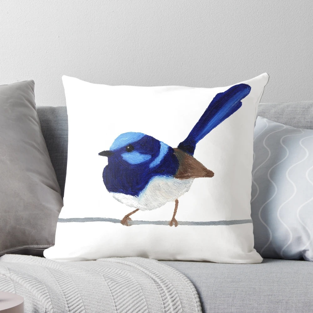 Pillow featuring a colorful oil painting of a Superb Blue Wren, a beautiful Australian bird.