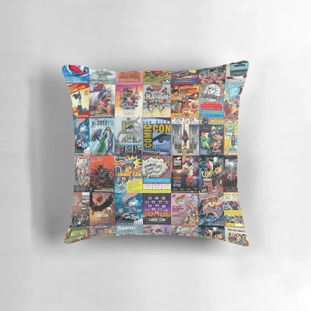 Comfortable comic con-themed pillow with vibrant superhero graphics.