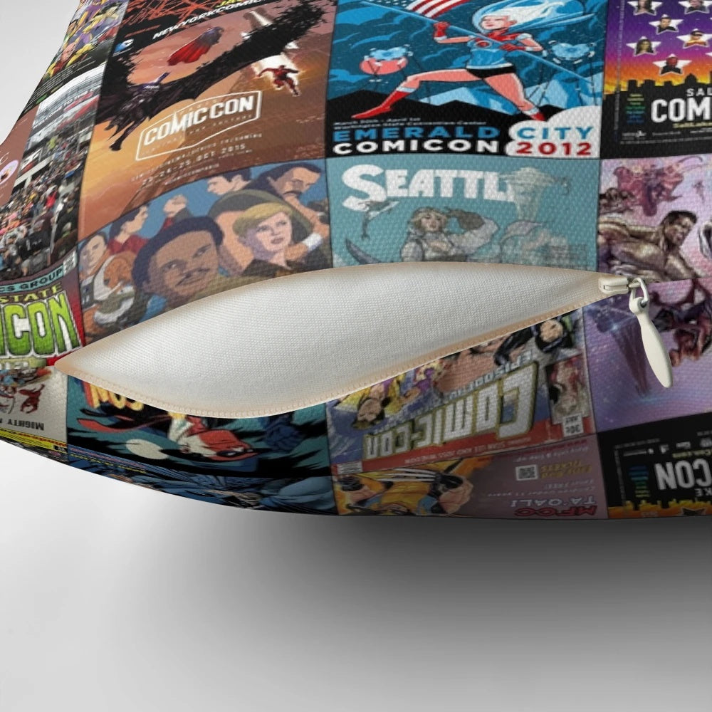 Comfortable comic con-themed pillow with vibrant superhero graphics.