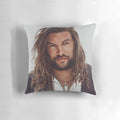 Soft, plush pillow featuring a portrait of actor Jason Momoa, known for his roles in superhero films.