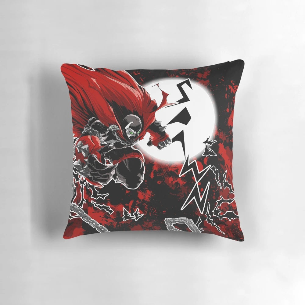 Vibrant red pillow featuring the comic book character Spawn, a popular superhero from the DC Comics and Marvel universes.